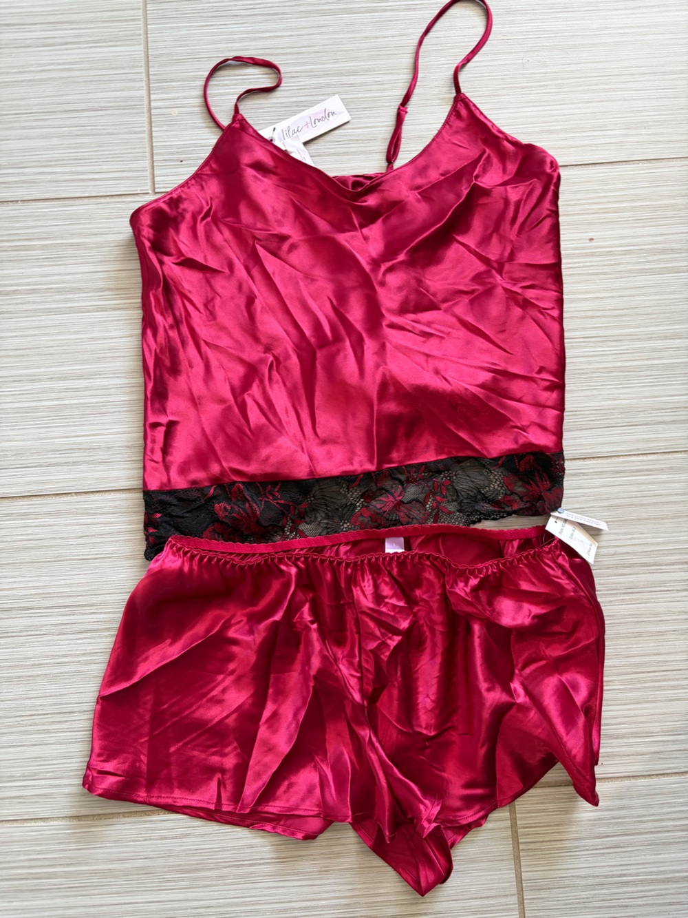 NWT SZ L- Silky Magenta Satin Camisole & Shorts Set with Black Lace Trim